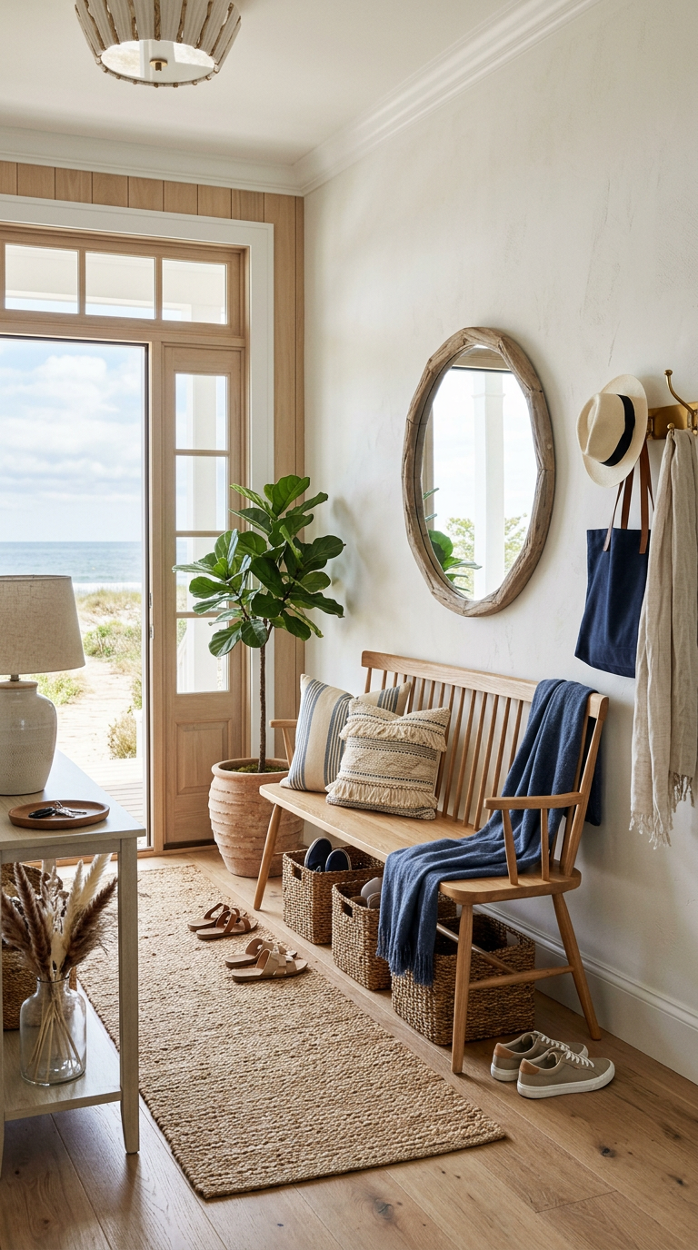 Add a Bench for Function and Style
A bench provides a practical spot to sit while adding another design element coastal entryway