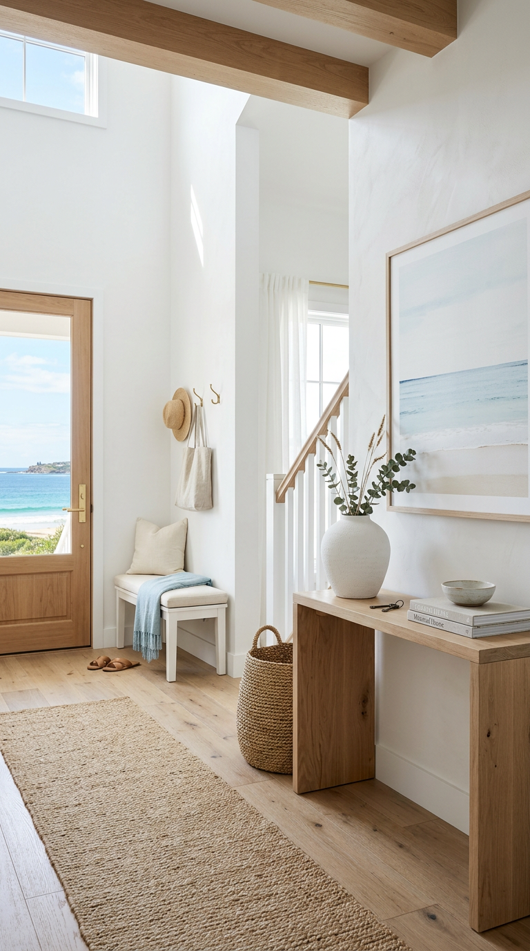 Keep Styling Intentional
Avoid overcrowding surfaces. Coastal spaces feel most luxurious when they remain light and uncluttered costal entryway